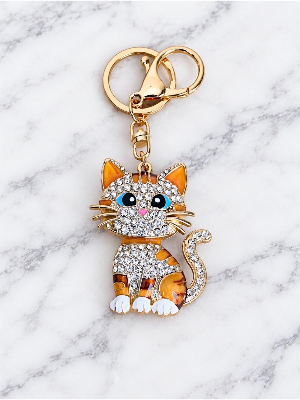 Orange Enamel Kitty Cat Bag Charm/Keyring with White Stone Accents-Gold